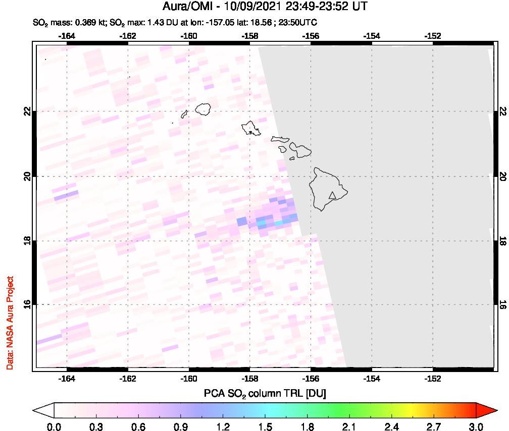 A sulfur dioxide image over Hawaii, USA on Oct 09, 2021.
