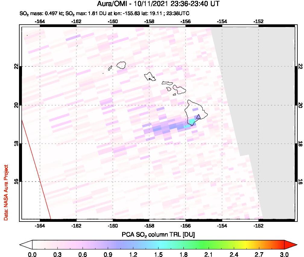 A sulfur dioxide image over Hawaii, USA on Oct 11, 2021.