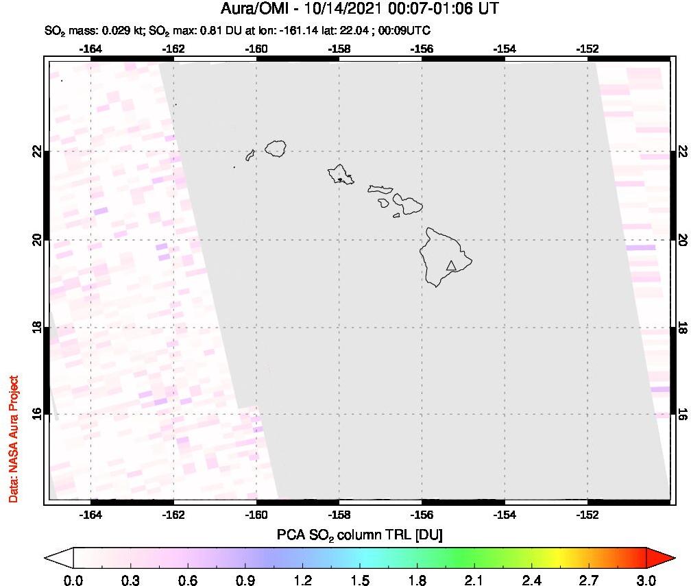 A sulfur dioxide image over Hawaii, USA on Oct 14, 2021.