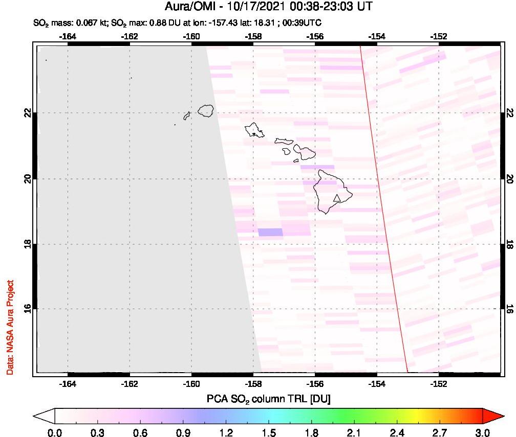 A sulfur dioxide image over Hawaii, USA on Oct 17, 2021.