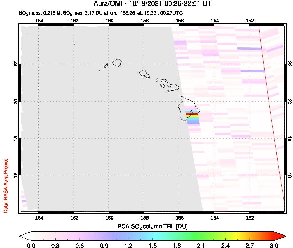A sulfur dioxide image over Hawaii, USA on Oct 19, 2021.