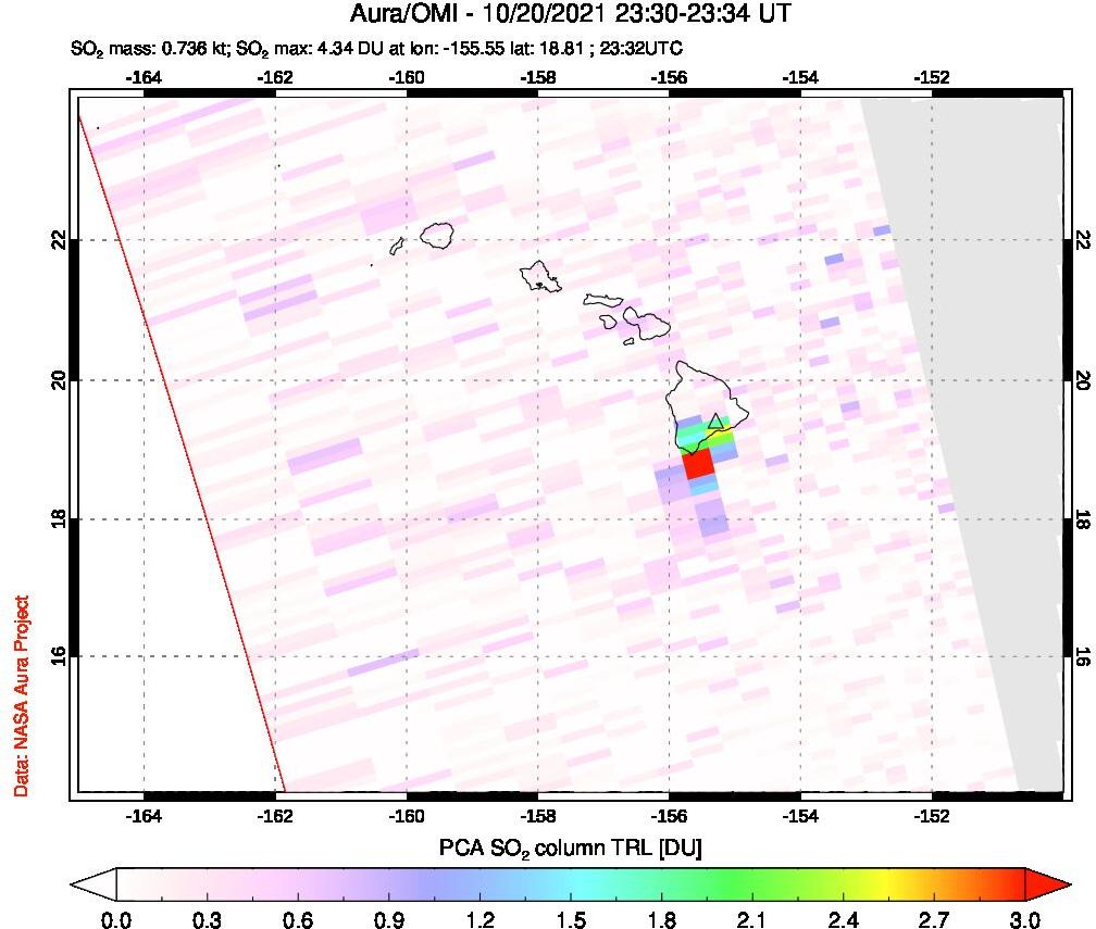 A sulfur dioxide image over Hawaii, USA on Oct 20, 2021.