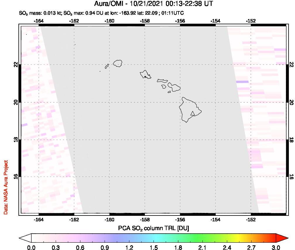 A sulfur dioxide image over Hawaii, USA on Oct 21, 2021.