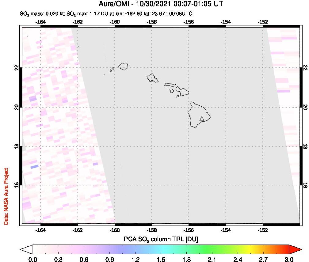A sulfur dioxide image over Hawaii, USA on Oct 30, 2021.