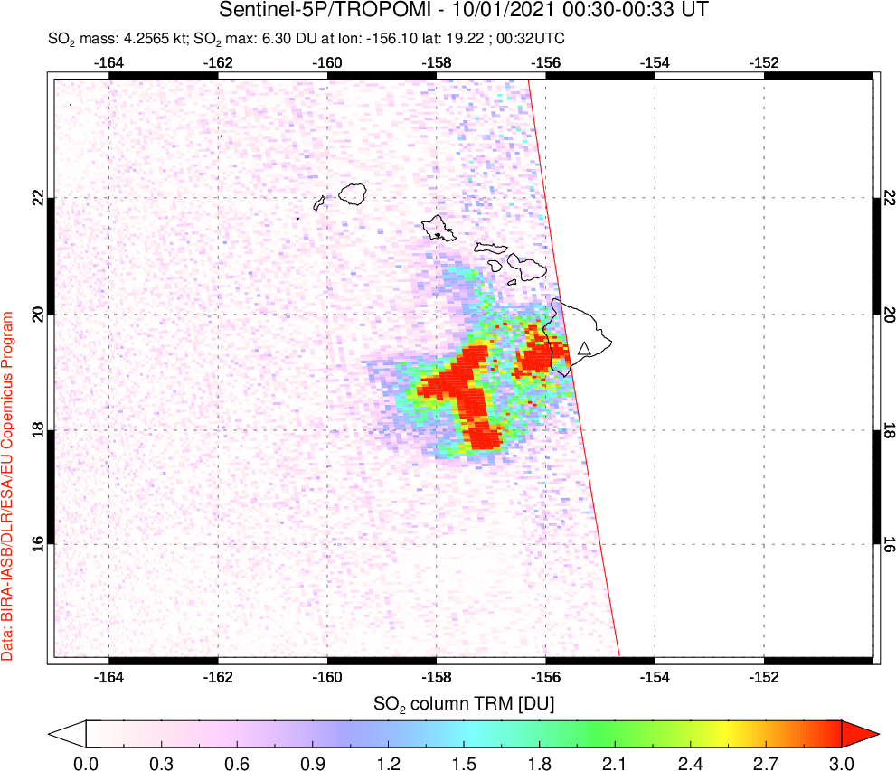 A sulfur dioxide image over Hawaii, USA on Oct 01, 2021.