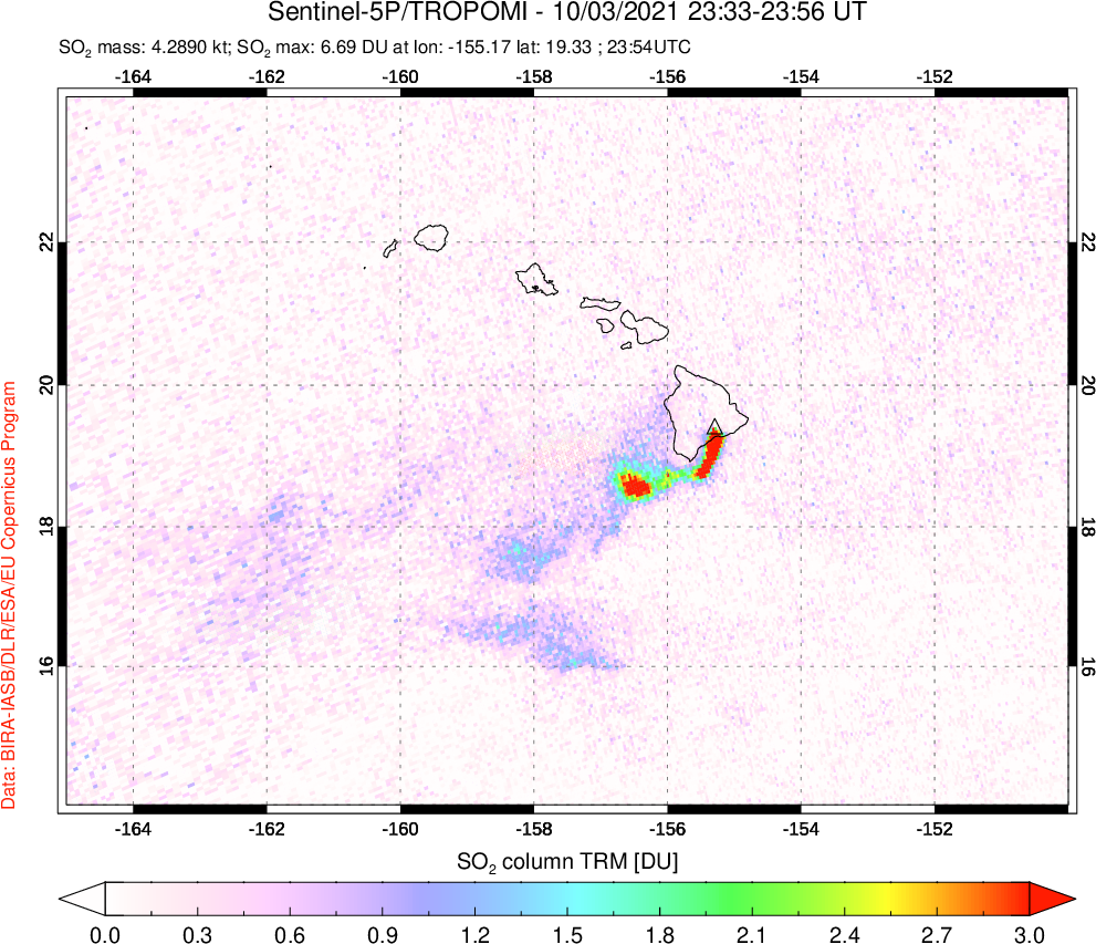 A sulfur dioxide image over Hawaii, USA on Oct 03, 2021.