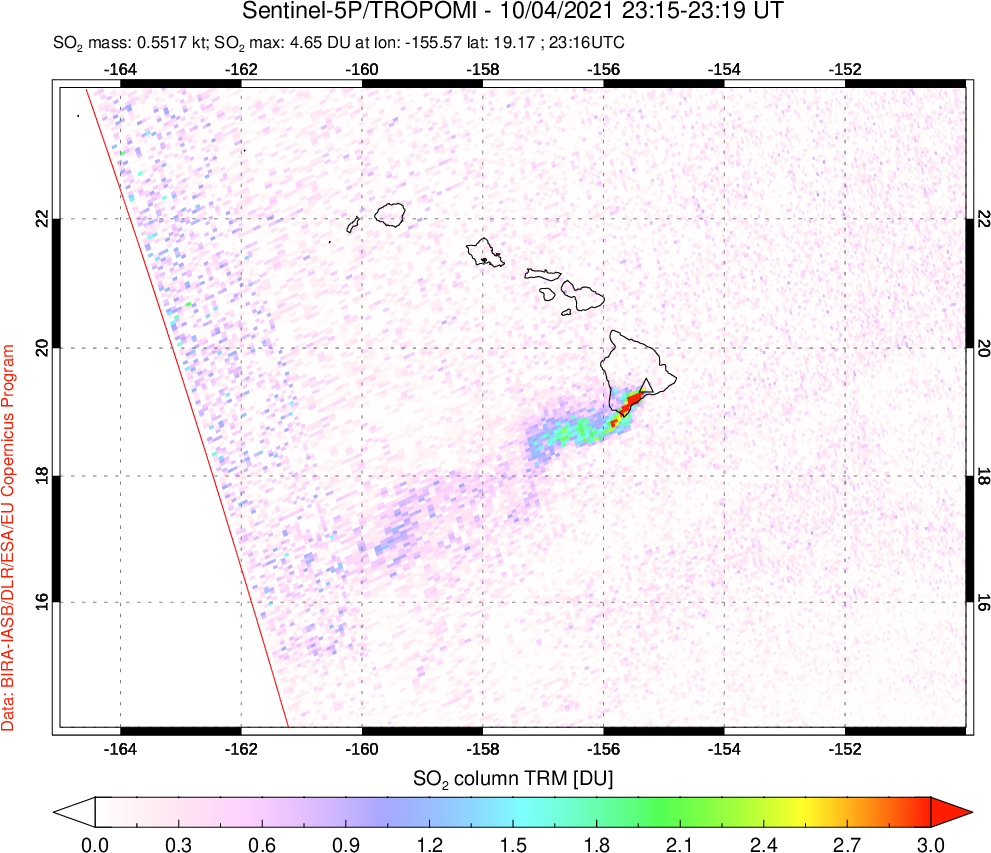 A sulfur dioxide image over Hawaii, USA on Oct 04, 2021.