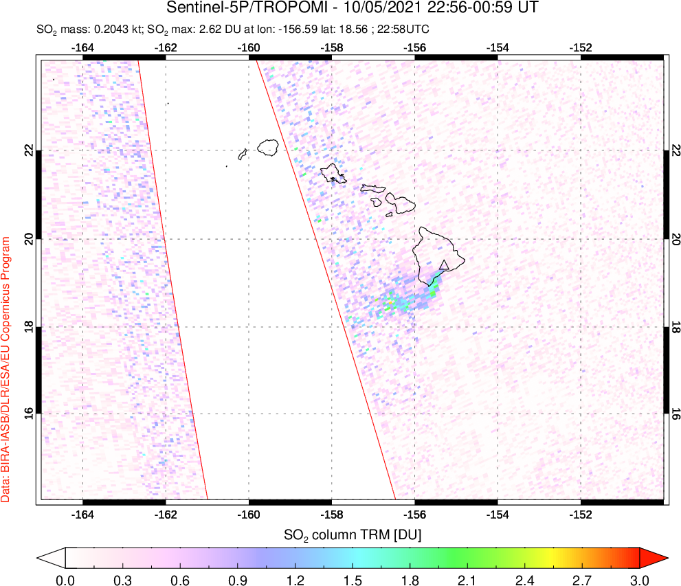 A sulfur dioxide image over Hawaii, USA on Oct 05, 2021.