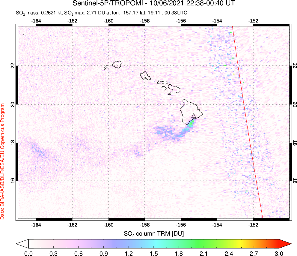 A sulfur dioxide image over Hawaii, USA on Oct 06, 2021.