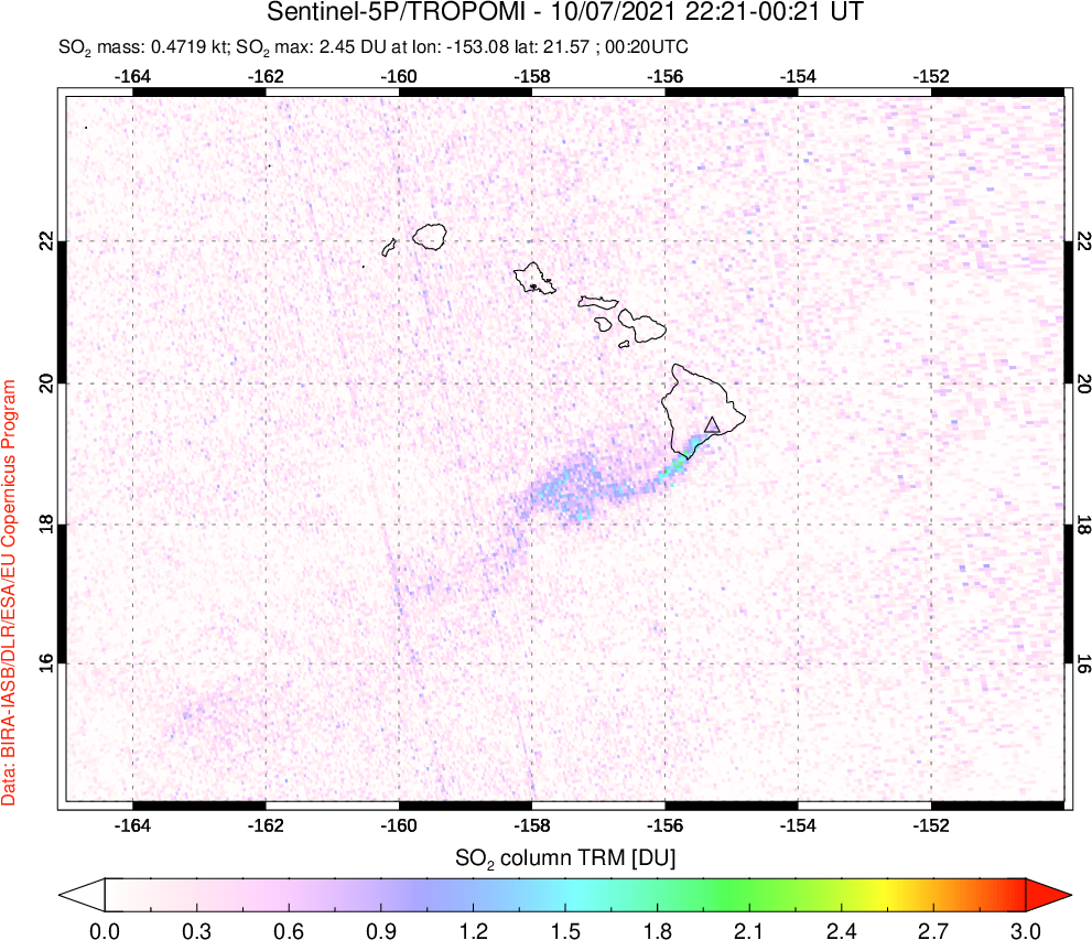 A sulfur dioxide image over Hawaii, USA on Oct 07, 2021.