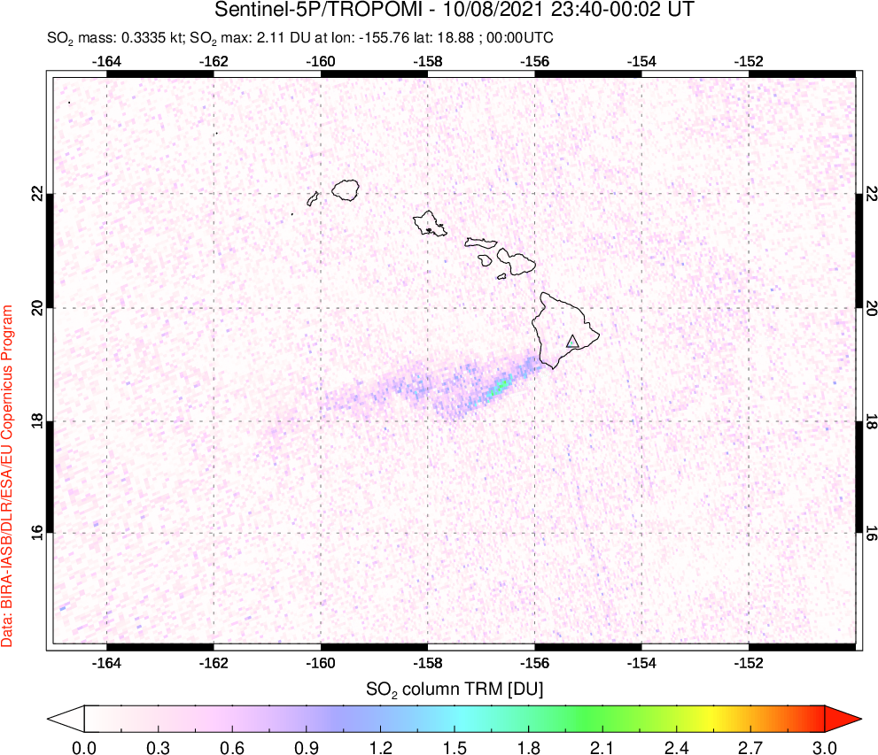A sulfur dioxide image over Hawaii, USA on Oct 08, 2021.