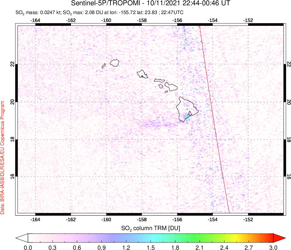 A sulfur dioxide image over Hawaii, USA on Oct 11, 2021.