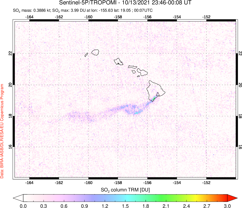 A sulfur dioxide image over Hawaii, USA on Oct 13, 2021.