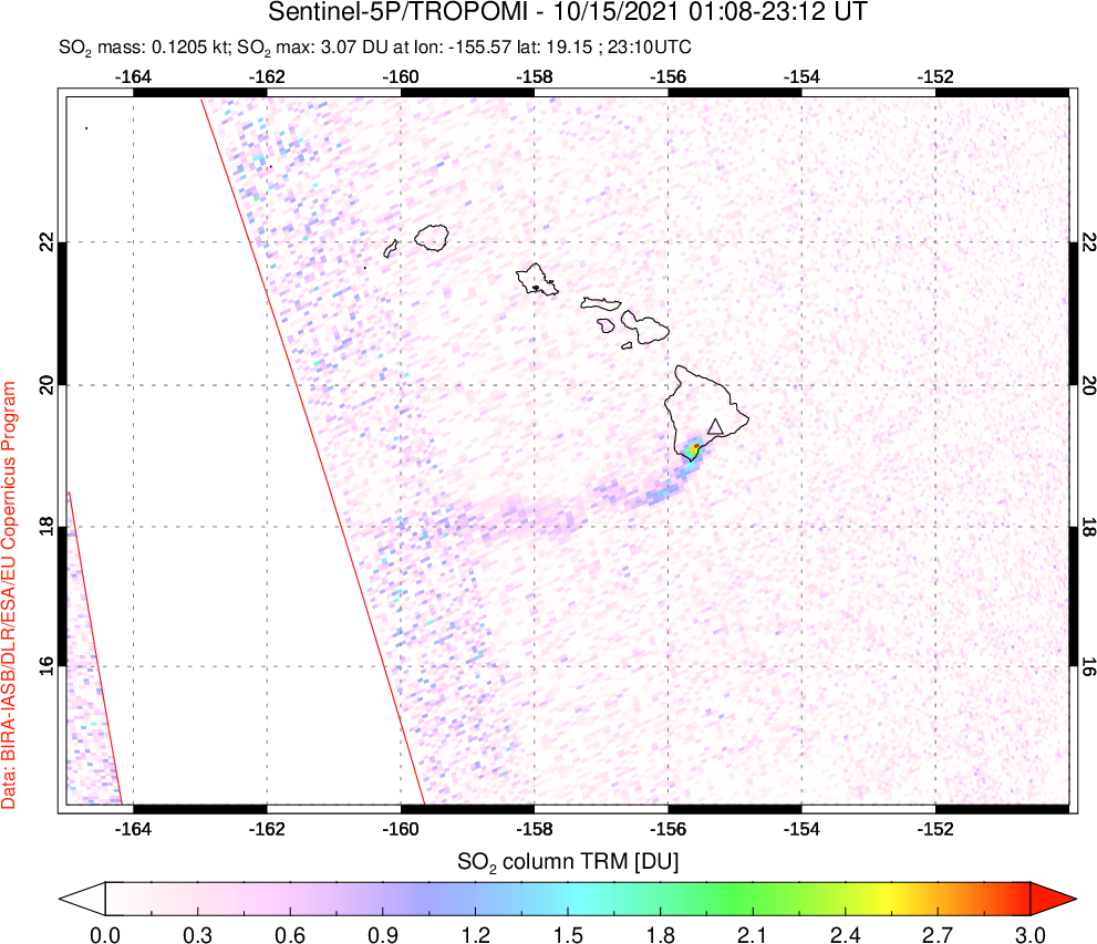 A sulfur dioxide image over Hawaii, USA on Oct 15, 2021.