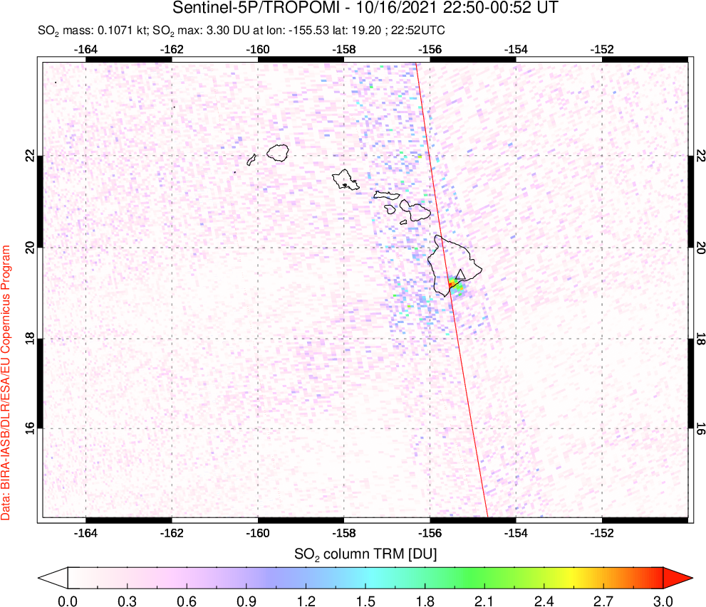 A sulfur dioxide image over Hawaii, USA on Oct 16, 2021.