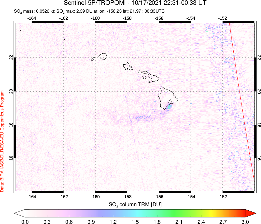 A sulfur dioxide image over Hawaii, USA on Oct 17, 2021.