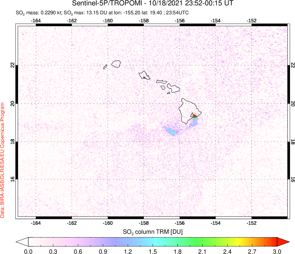 A sulfur dioxide image over Hawaii, USA on Oct 18, 2021.