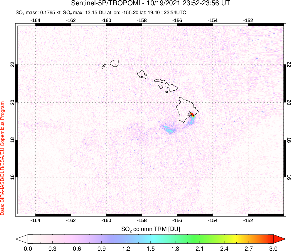 A sulfur dioxide image over Hawaii, USA on Oct 19, 2021.