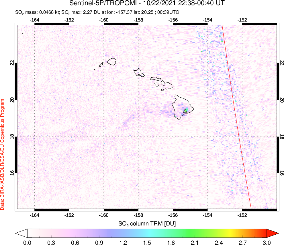 A sulfur dioxide image over Hawaii, USA on Oct 22, 2021.