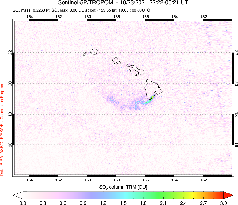 A sulfur dioxide image over Hawaii, USA on Oct 23, 2021.