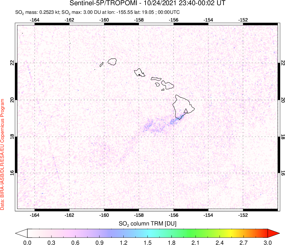A sulfur dioxide image over Hawaii, USA on Oct 24, 2021.