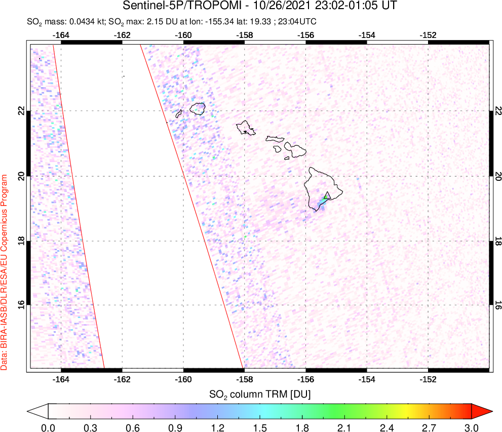 A sulfur dioxide image over Hawaii, USA on Oct 26, 2021.