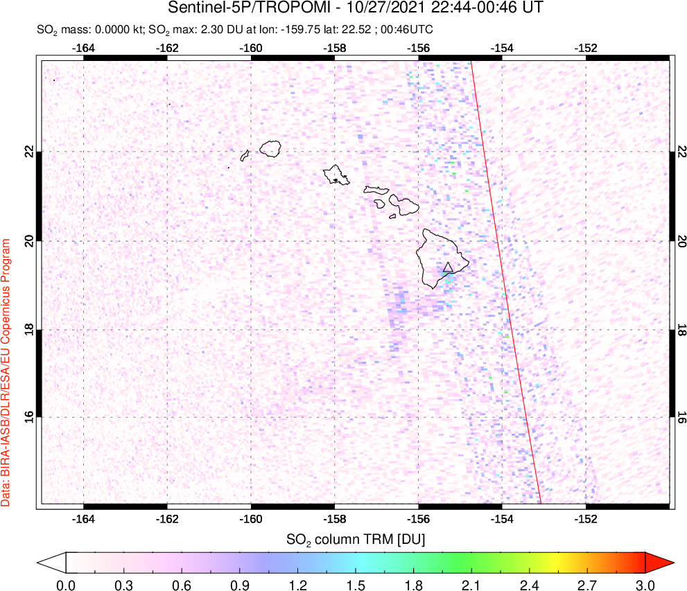 A sulfur dioxide image over Hawaii, USA on Oct 27, 2021.