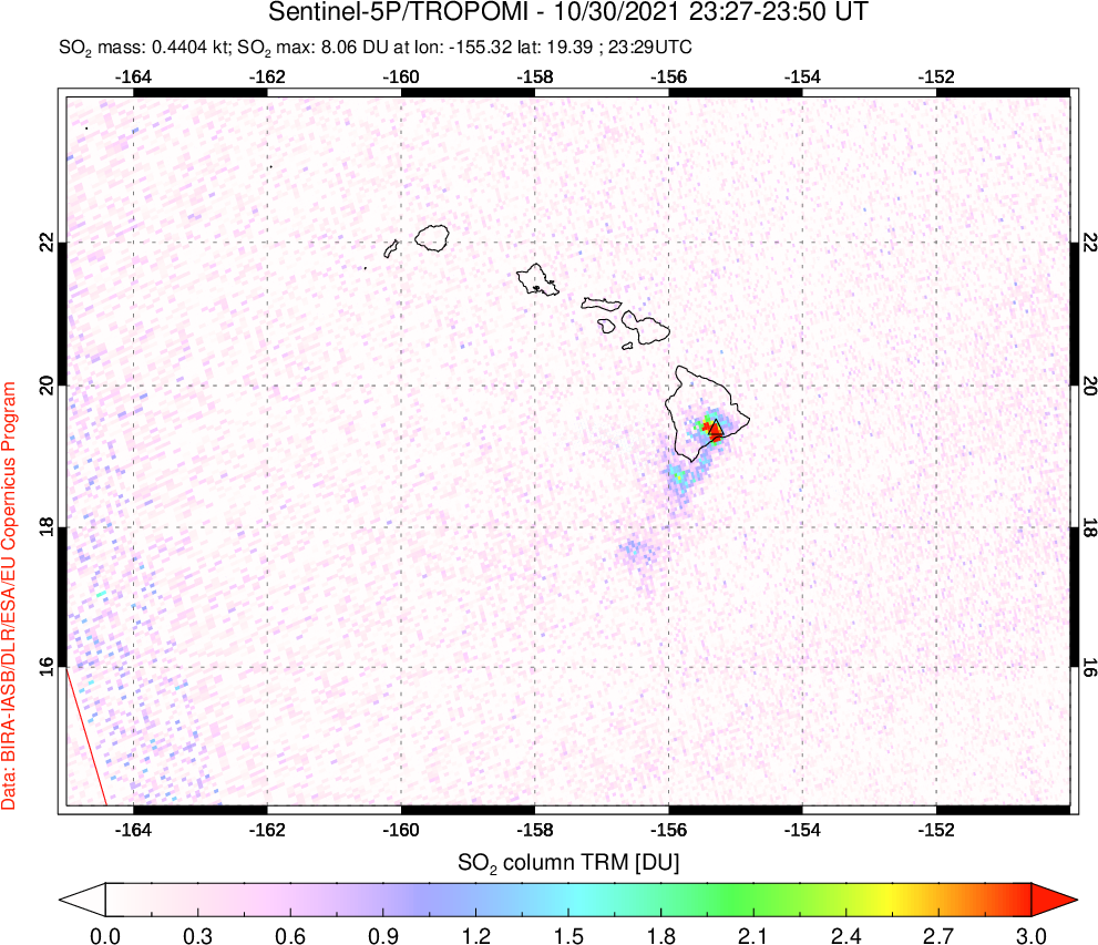 A sulfur dioxide image over Hawaii, USA on Oct 30, 2021.