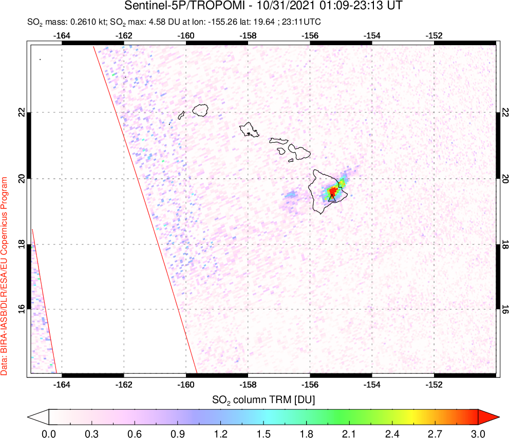 A sulfur dioxide image over Hawaii, USA on Oct 31, 2021.