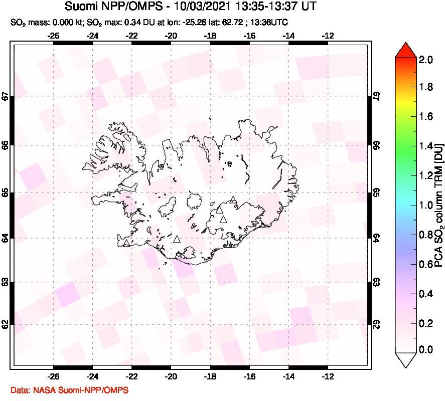 A sulfur dioxide image over Iceland on Oct 03, 2021.