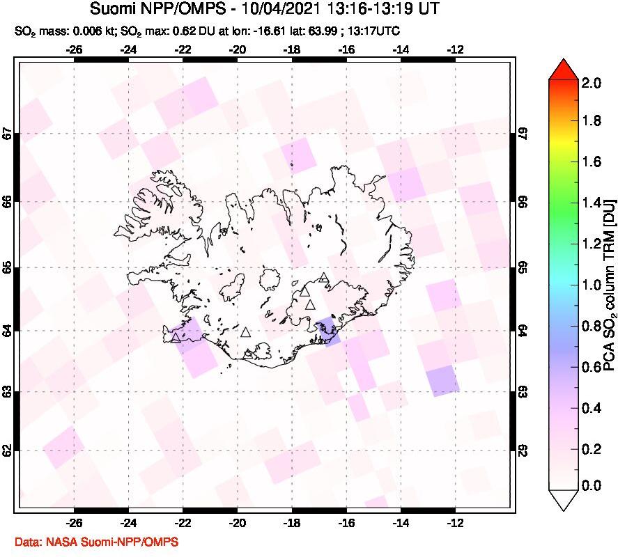 A sulfur dioxide image over Iceland on Oct 04, 2021.