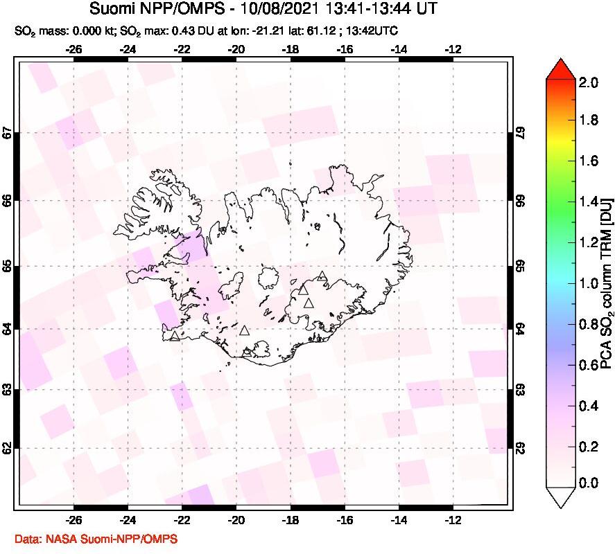 A sulfur dioxide image over Iceland on Oct 08, 2021.