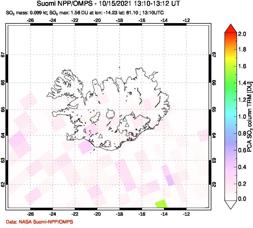 A sulfur dioxide image over Iceland on Oct 15, 2021.