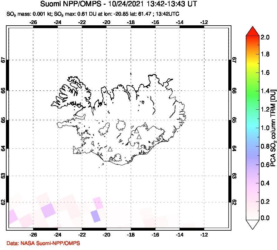 A sulfur dioxide image over Iceland on Oct 24, 2021.