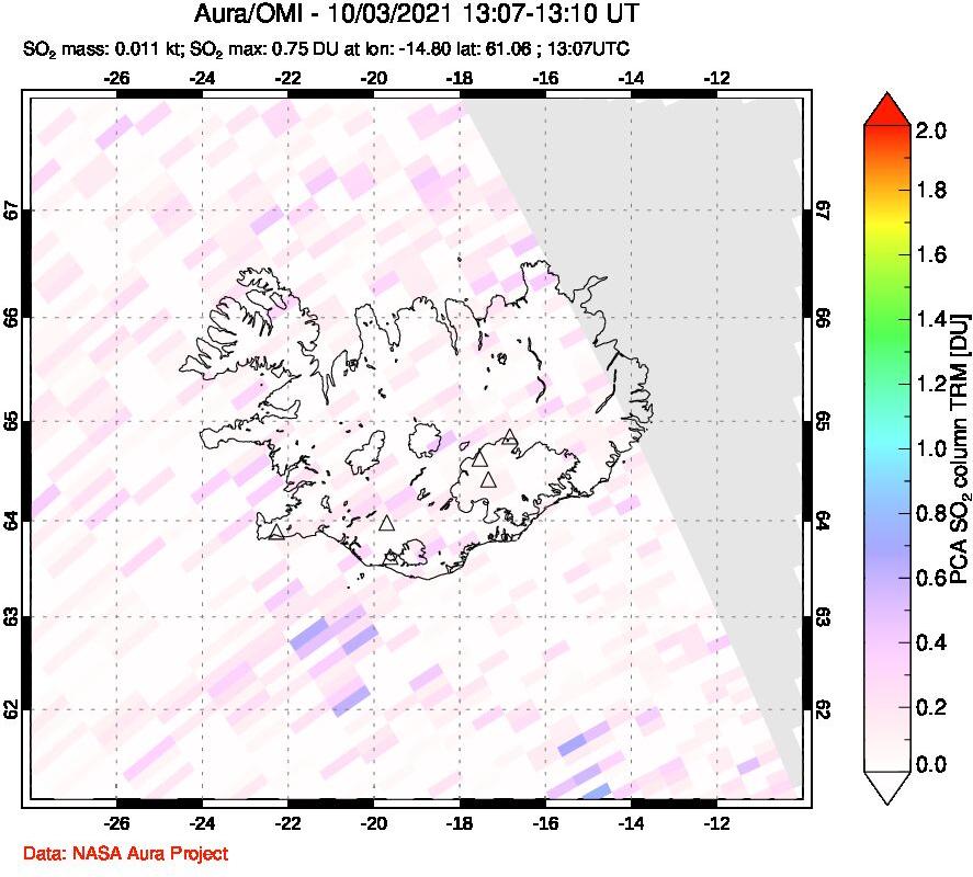 A sulfur dioxide image over Iceland on Oct 03, 2021.