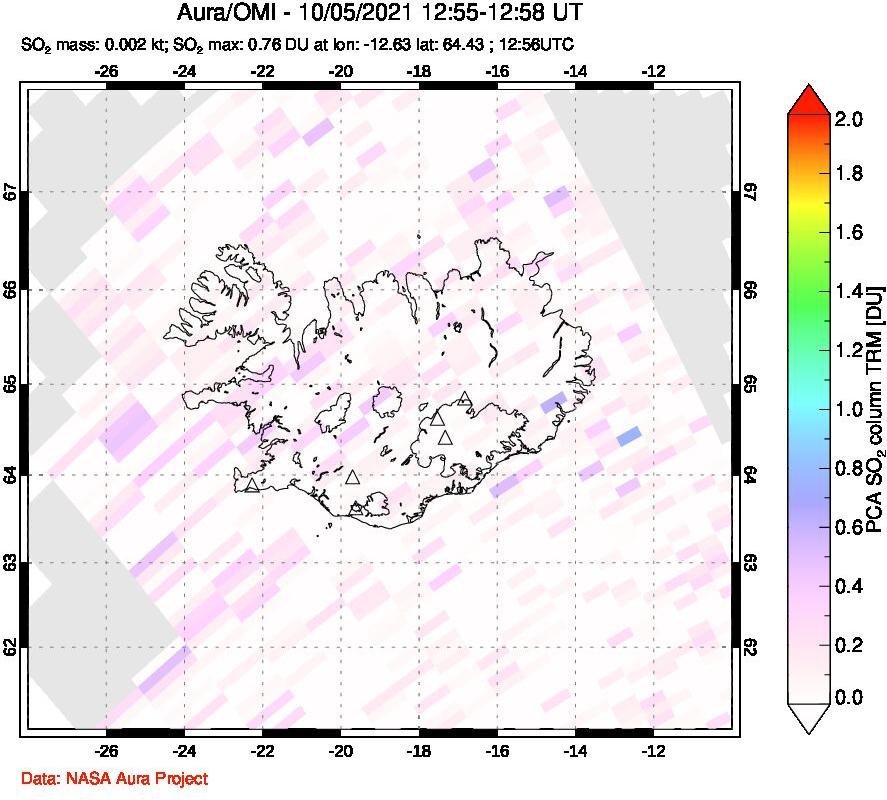A sulfur dioxide image over Iceland on Oct 05, 2021.