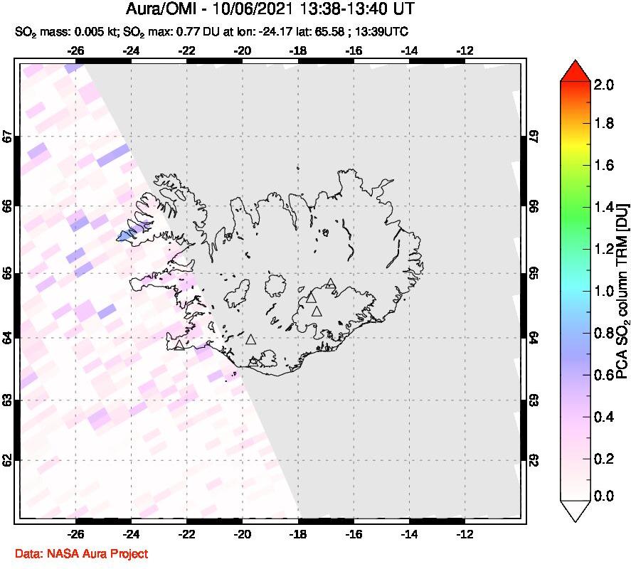 A sulfur dioxide image over Iceland on Oct 06, 2021.