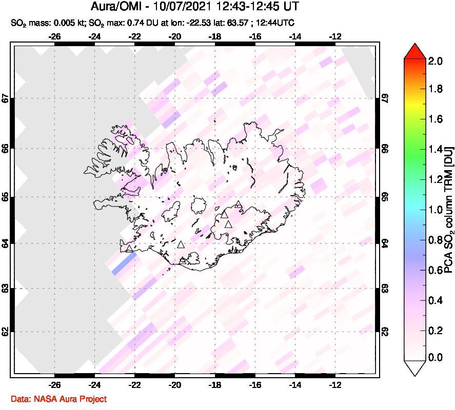 A sulfur dioxide image over Iceland on Oct 07, 2021.