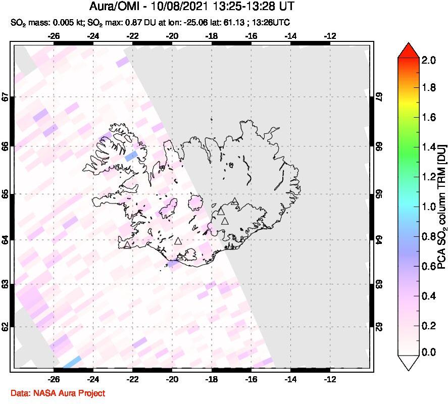 A sulfur dioxide image over Iceland on Oct 08, 2021.