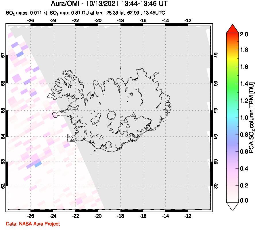A sulfur dioxide image over Iceland on Oct 13, 2021.