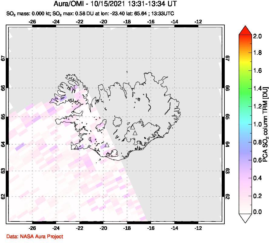 A sulfur dioxide image over Iceland on Oct 15, 2021.