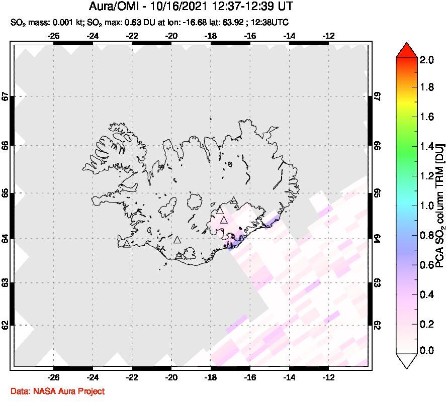 A sulfur dioxide image over Iceland on Oct 16, 2021.