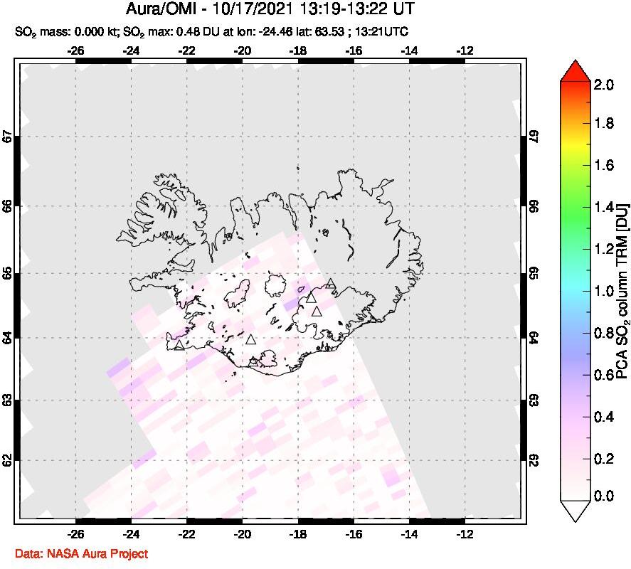 A sulfur dioxide image over Iceland on Oct 17, 2021.