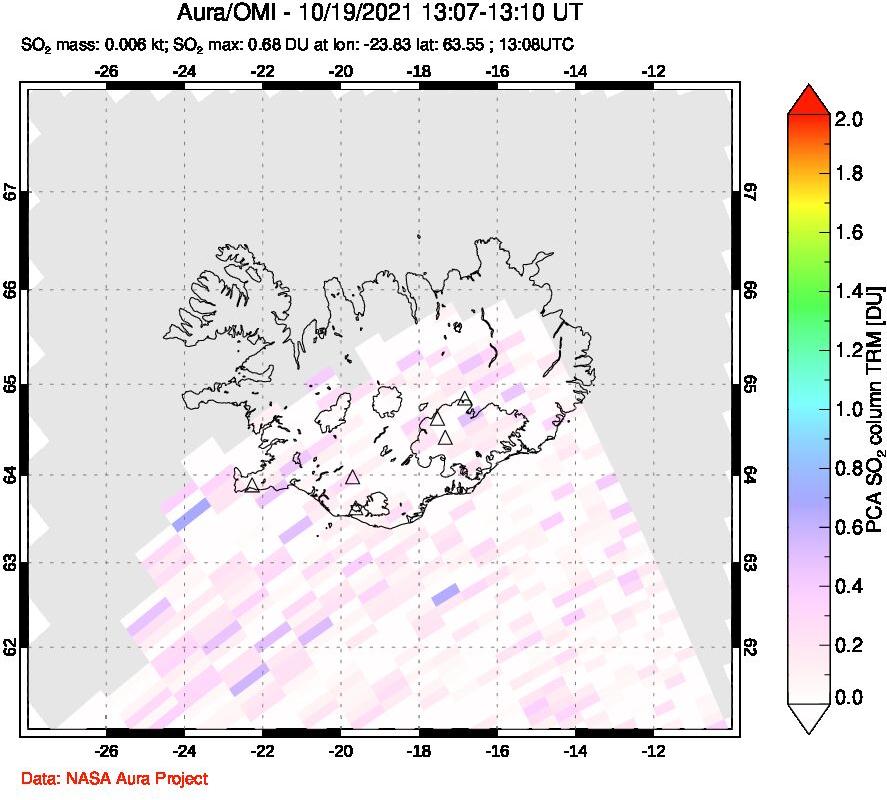 A sulfur dioxide image over Iceland on Oct 19, 2021.
