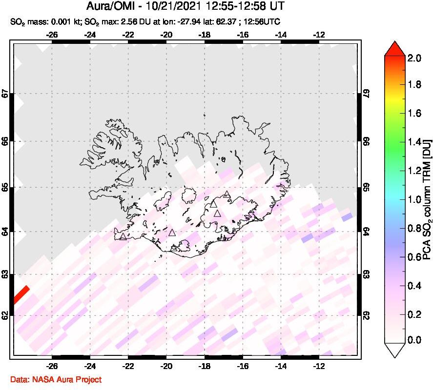 A sulfur dioxide image over Iceland on Oct 21, 2021.
