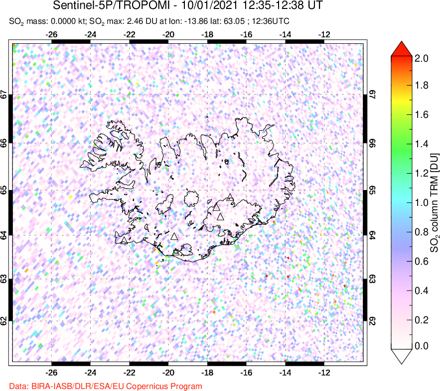 A sulfur dioxide image over Iceland on Oct 01, 2021.
