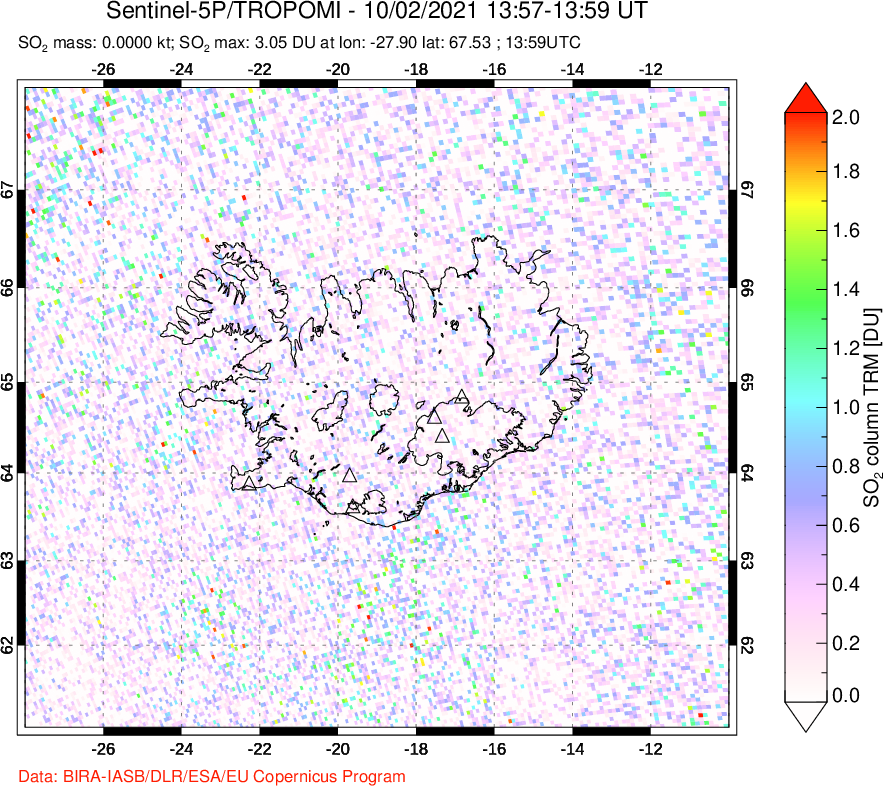 A sulfur dioxide image over Iceland on Oct 02, 2021.