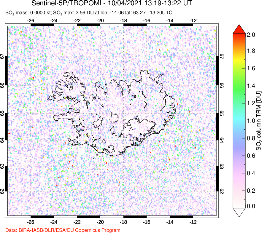 A sulfur dioxide image over Iceland on Oct 04, 2021.