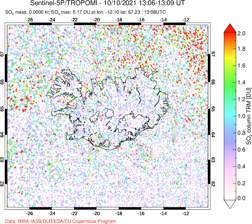 A sulfur dioxide image over Iceland on Oct 10, 2021.