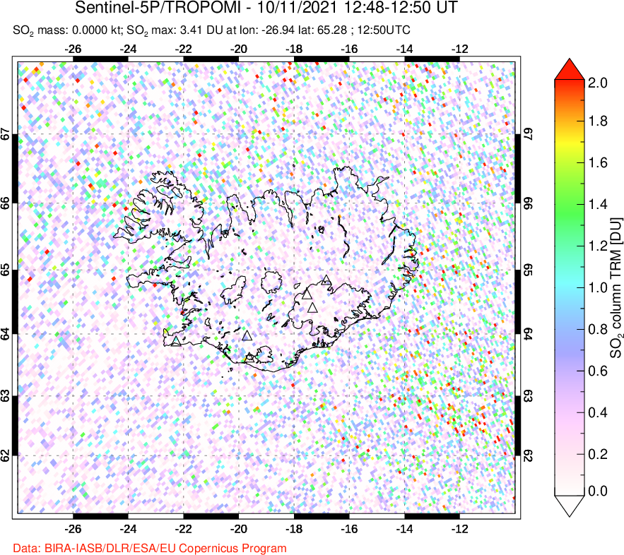 A sulfur dioxide image over Iceland on Oct 11, 2021.